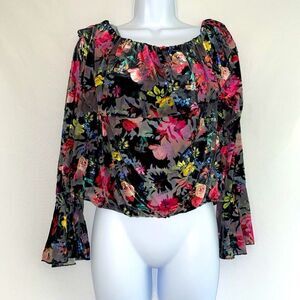 Velvet Burnout Off The Shoulder Bell Sleeve Blouse Top Colorful Floral Y2K‎ 2XL